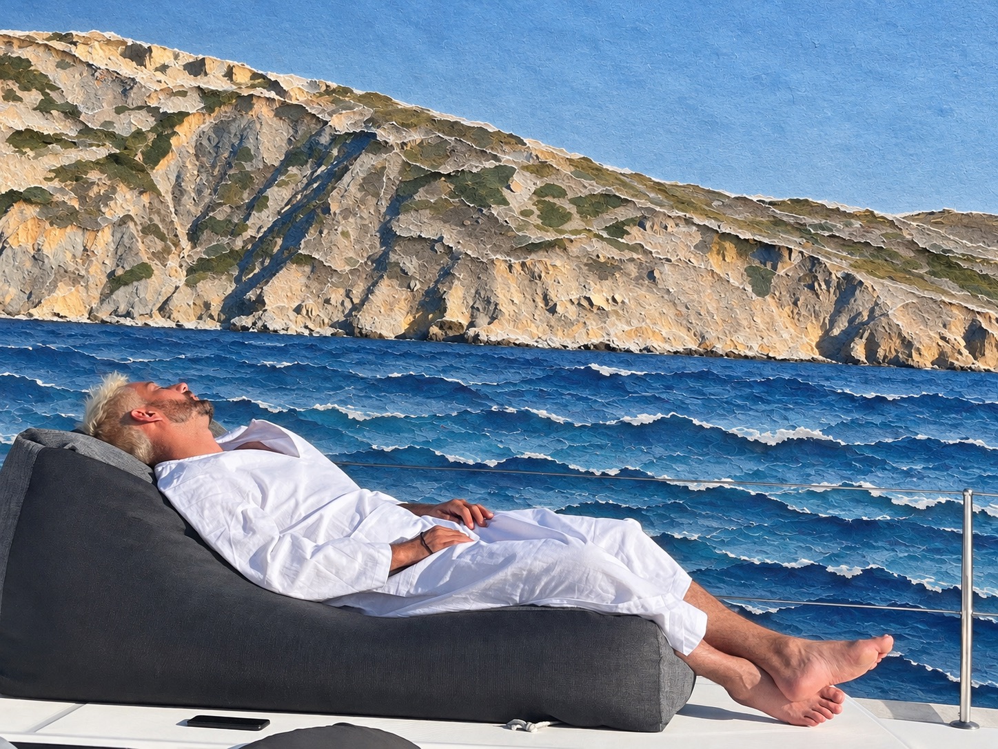 Marek resting aboard a boat, surrounded by blue water and a rocky coastline interpreted in paper