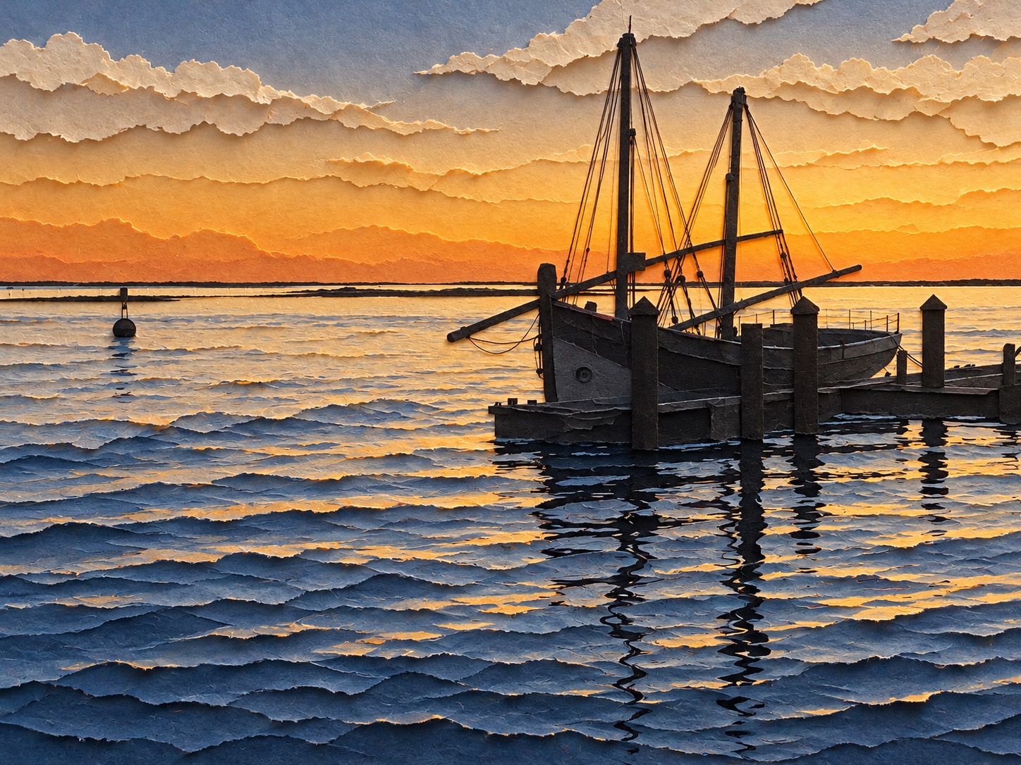 A silhouetted boat on calm water at sunset, in a paper-cut interpretation of the supplied photograph